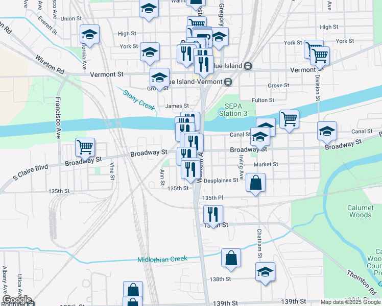 map of restaurants, bars, coffee shops, grocery stores, and more near 13337 Old Western Avenue in Blue Island
