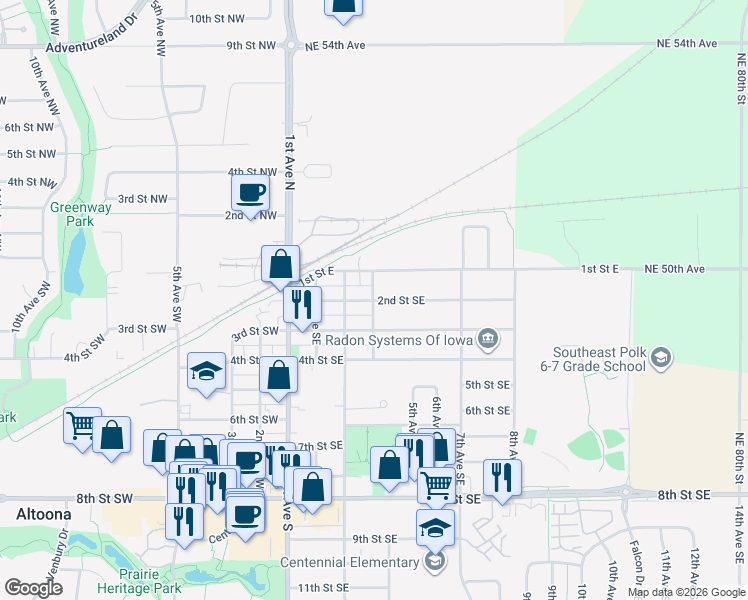 map of restaurants, bars, coffee shops, grocery stores, and more near 401 2nd Street Southeast in Altoona