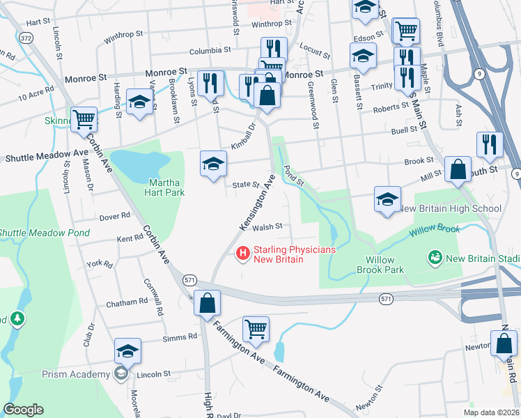 map of restaurants, bars, coffee shops, grocery stores, and more near 172 Kensington Avenue in New Britain