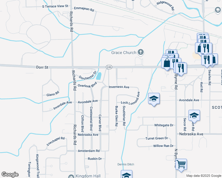 map of restaurants, bars, coffee shops, grocery stores, and more near 3929 Inverness Avenue in Toledo