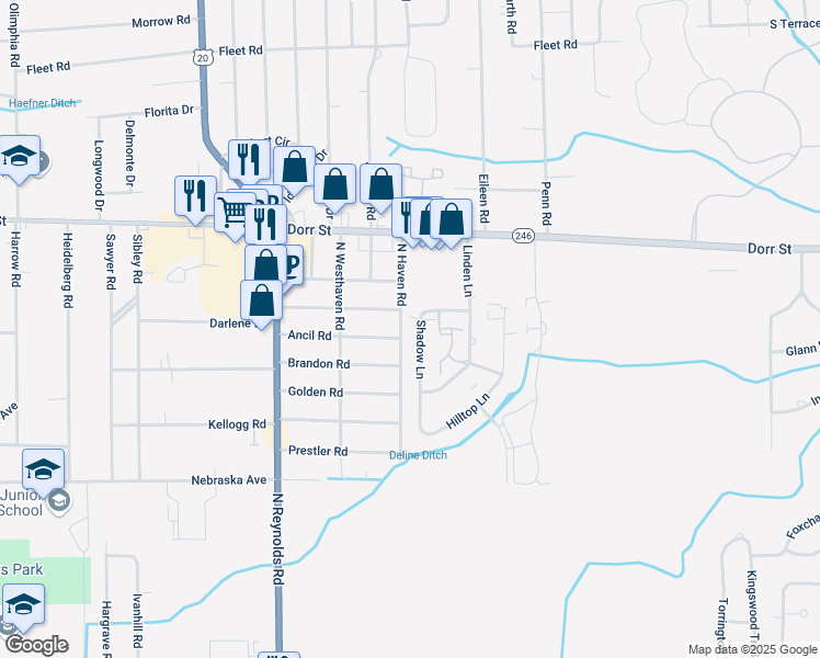 map of restaurants, bars, coffee shops, grocery stores, and more near 1107 Shadow Lane in Toledo