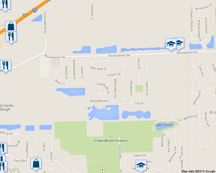 map of restaurants, bars, coffee shops, grocery stores, and more near 617 Coneflower Court in Romeoville