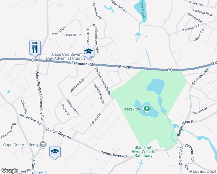 map of restaurants, bars, coffee shops, grocery stores, and more near 99 King Arthur Drive in Barnstable