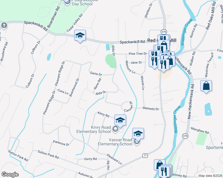 map of restaurants, bars, coffee shops, grocery stores, and more near 47 Alda Drive in Poughkeepsie