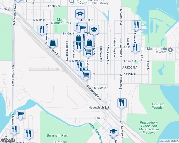 map of restaurants, bars, coffee shops, grocery stores, and more near 13448 South Brandon Avenue in Chicago