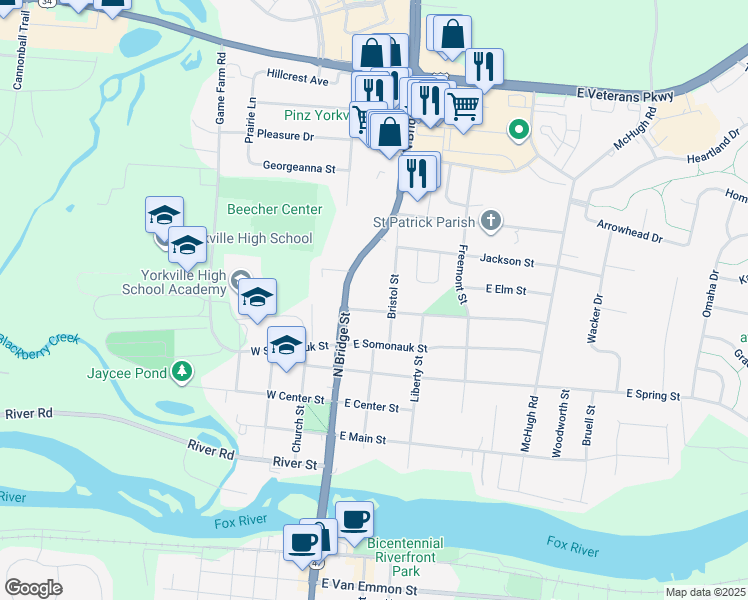 map of restaurants, bars, coffee shops, grocery stores, and more near 107A Park Street in Yorkville