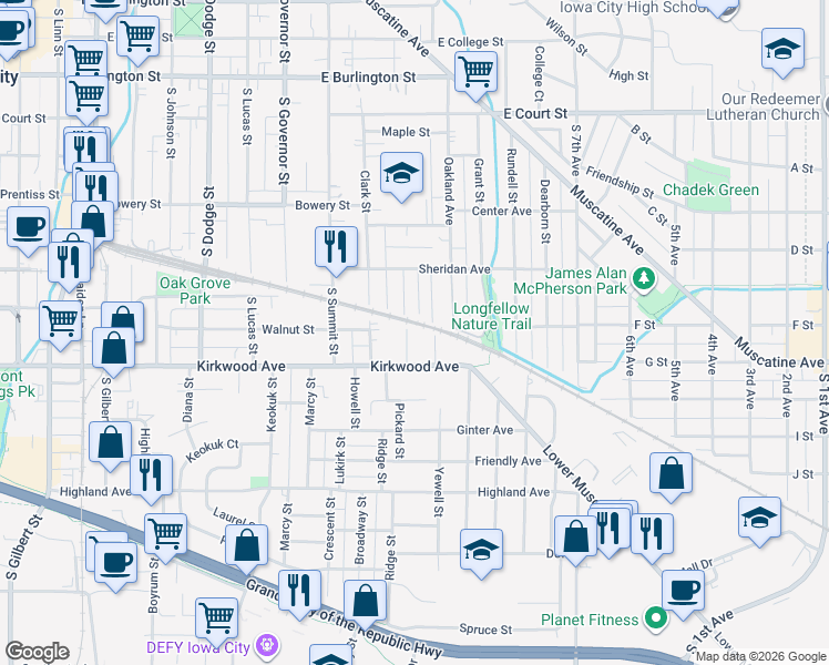 map of restaurants, bars, coffee shops, grocery stores, and more near 904 Roosevelt Street in Iowa City