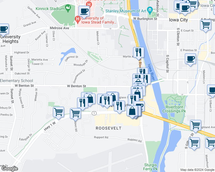 map of restaurants, bars, coffee shops, grocery stores, and more near 442 West Benton Street in Iowa City