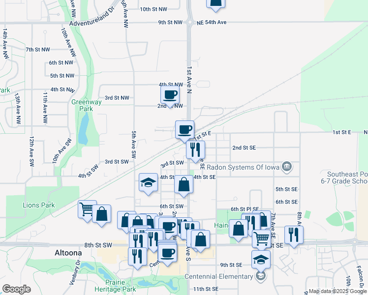 map of restaurants, bars, coffee shops, grocery stores, and more near 106 1st Avenue South in Altoona