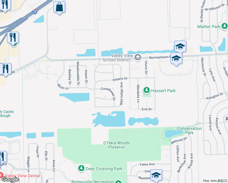 map of restaurants, bars, coffee shops, grocery stores, and more near 617 Coneflower Court in Romeoville
