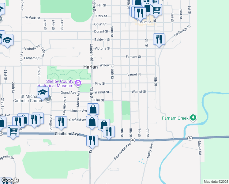 map of restaurants, bars, coffee shops, grocery stores, and more near 1814 10th Street in Harlan