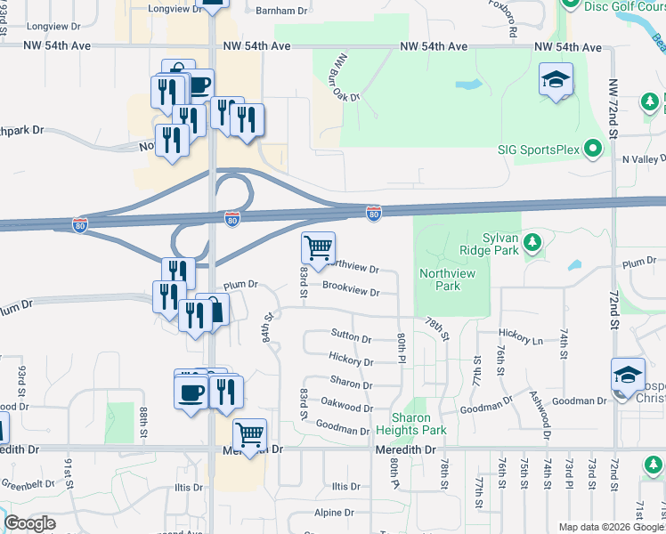 map of restaurants, bars, coffee shops, grocery stores, and more near 8200 Northview Drive in Urbandale