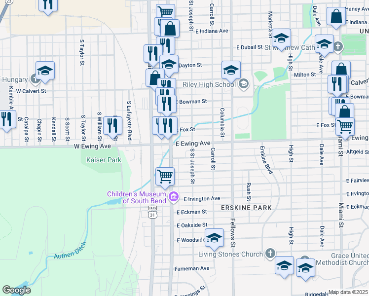 map of restaurants, bars, coffee shops, grocery stores, and more near 124 East Ewing Avenue in South Bend