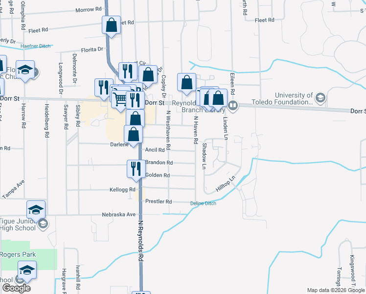 map of restaurants, bars, coffee shops, grocery stores, and more near 5032 Ancil Rd in Toledo