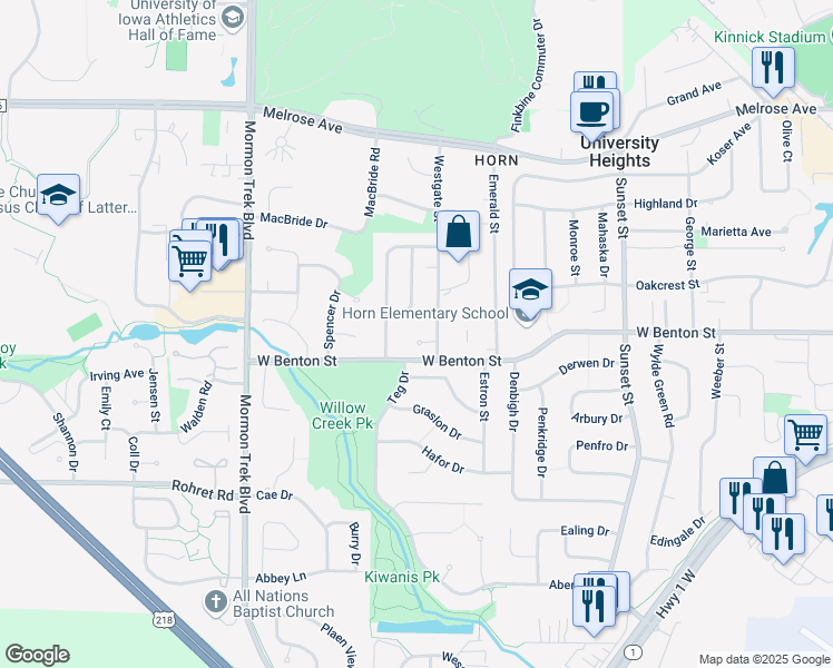 map of restaurants, bars, coffee shops, grocery stores, and more near 6 Westgate Circle in Iowa City