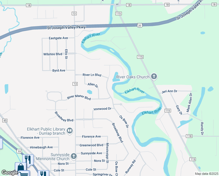 map of restaurants, bars, coffee shops, grocery stores, and more near 58156 Ox Bow Drive in Elkhart