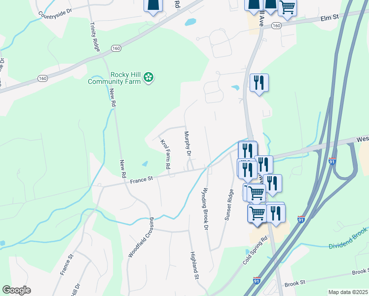 map of restaurants, bars, coffee shops, grocery stores, and more near 19 Murphy Drive in Rocky Hill