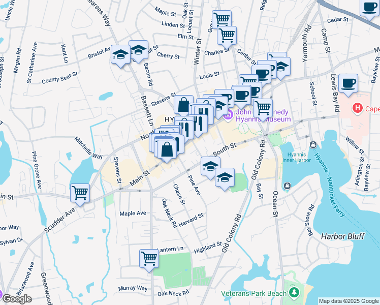 map of restaurants, bars, coffee shops, grocery stores, and more near 17 High School Road in Barnstable