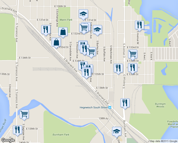 map of restaurants, bars, coffee shops, grocery stores, and more near 13448 South Brandon Avenue in Chicago