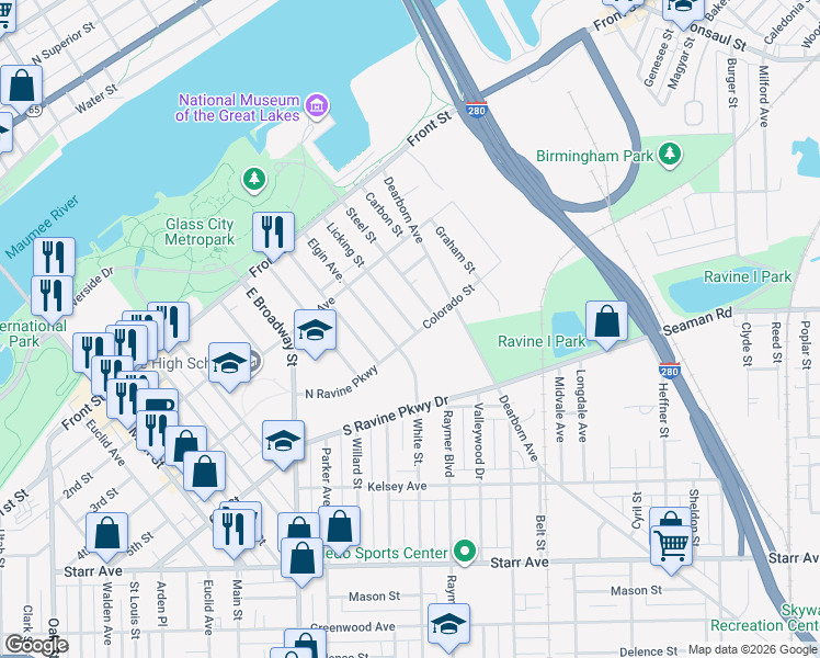 map of restaurants, bars, coffee shops, grocery stores, and more near 277 Licking Street in Toledo