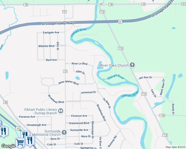map of restaurants, bars, coffee shops, grocery stores, and more near 58082-58156 Ox Bow Dr in Elkhart