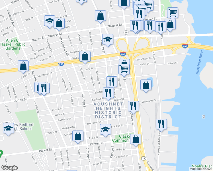 map of restaurants, bars, coffee shops, grocery stores, and more near 869 County Street in New Bedford