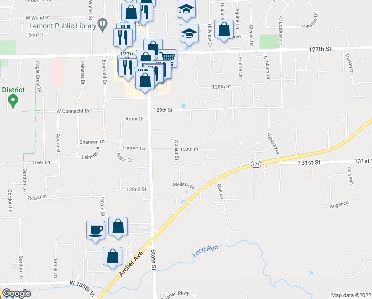 map of restaurants, bars, coffee shops, grocery stores, and more near 15461 130th Place in Lemont