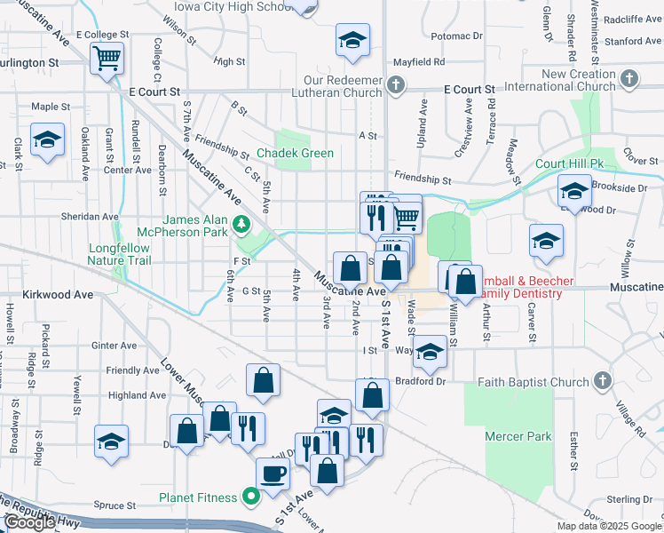 map of restaurants, bars, coffee shops, grocery stores, and more near 904 3rd Avenue in Iowa City