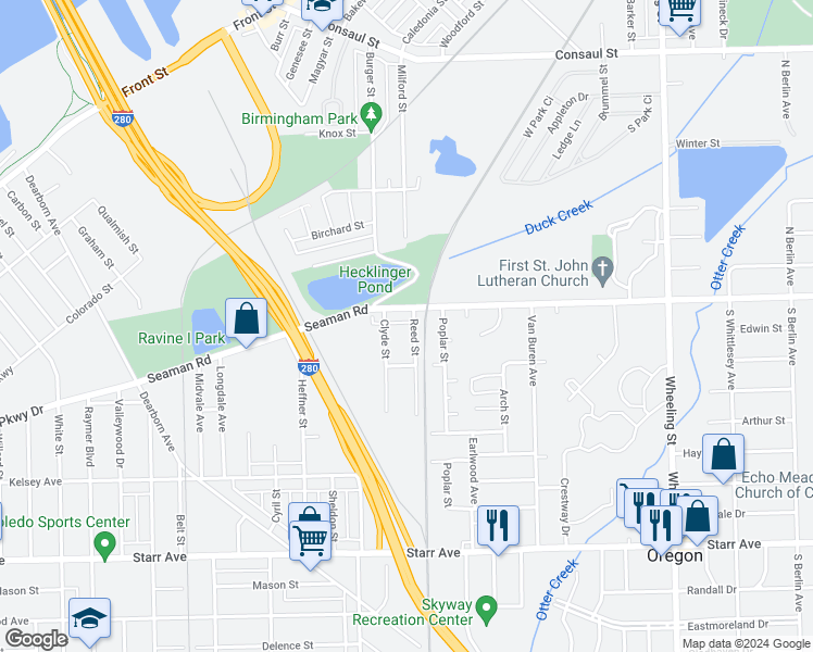 map of restaurants, bars, coffee shops, grocery stores, and more near 18 Reed Street in Toledo