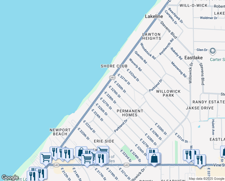 map of restaurants, bars, coffee shops, grocery stores, and more near 226 East 329th Street in Willowick