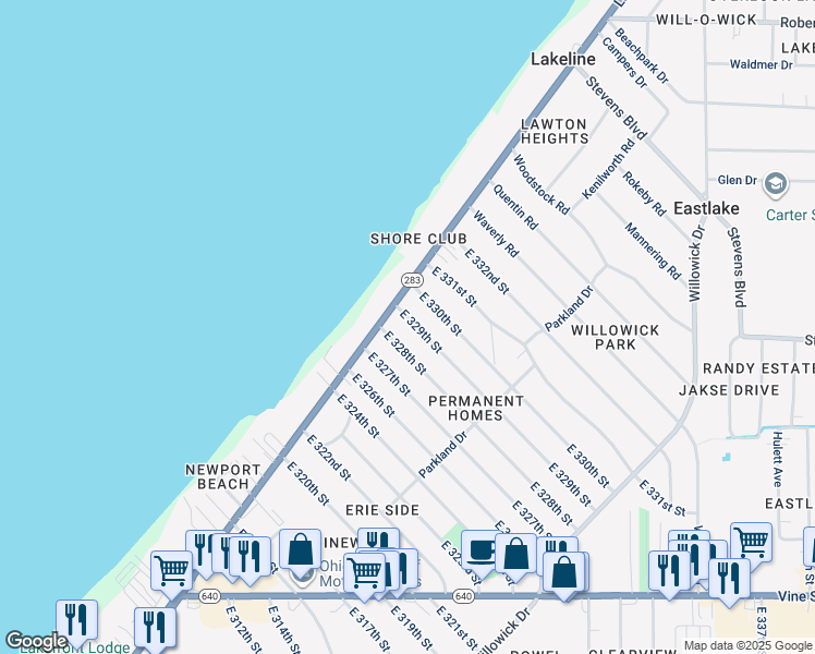 map of restaurants, bars, coffee shops, grocery stores, and more near 226 East 329th Street in Willowick
