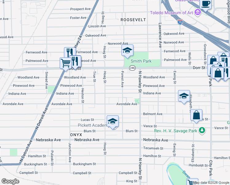 map of restaurants, bars, coffee shops, grocery stores, and more near 1128 Indiana Avenue in Toledo