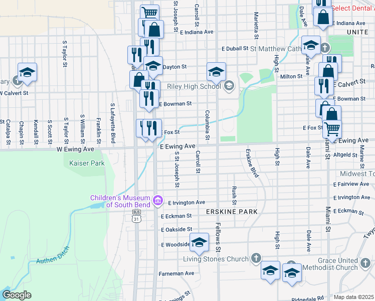 map of restaurants, bars, coffee shops, grocery stores, and more near 222 East Ewing Avenue in South Bend