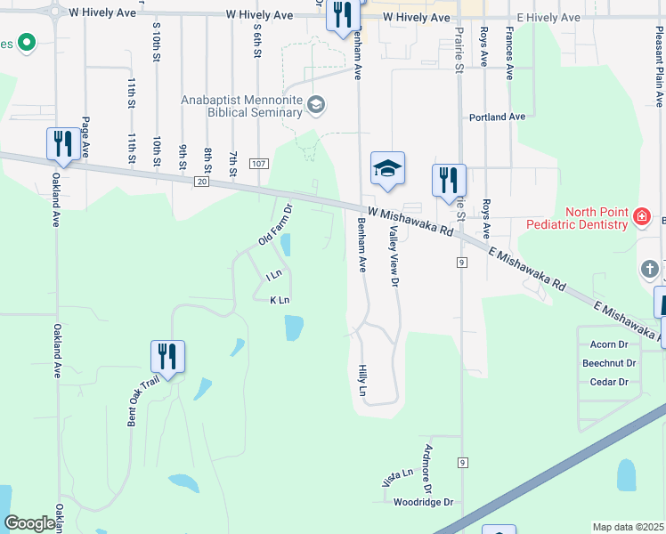 map of restaurants, bars, coffee shops, grocery stores, and more near 325 W Mishawaka Rd in Elkhart