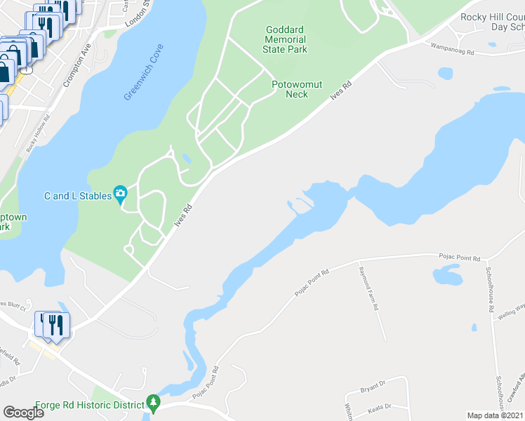 map of restaurants, bars, coffee shops, grocery stores, and more near 1030 Ives Road in East Greenwich