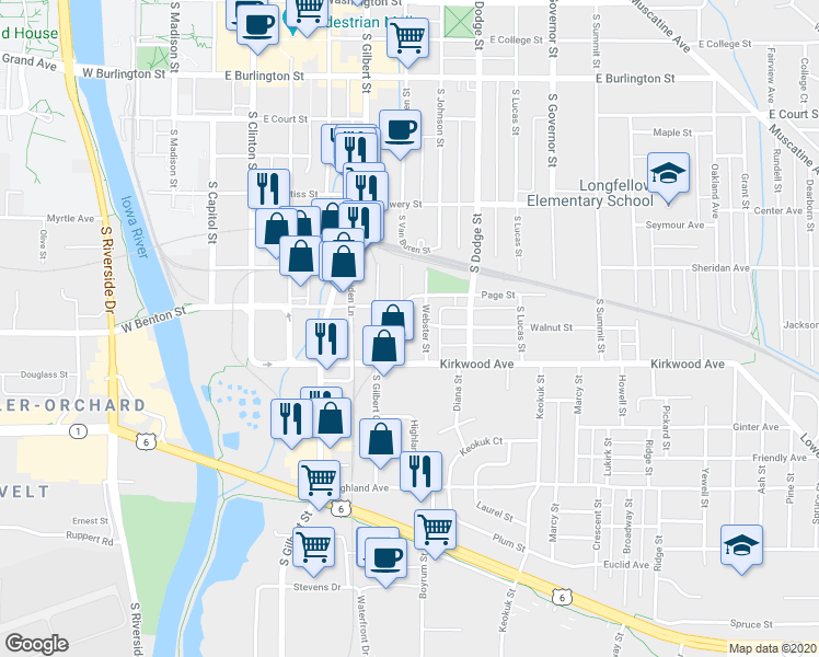 map of restaurants, bars, coffee shops, grocery stores, and more near 924 S Van Buren St in Iowa City