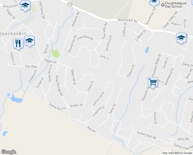 map of restaurants, bars, coffee shops, grocery stores, and more near 23 Scenic Drive in Poughkeepsie