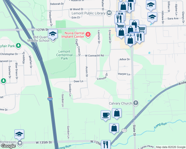 map of restaurants, bars, coffee shops, grocery stores, and more near 1300 Leinster Drive in Lemont