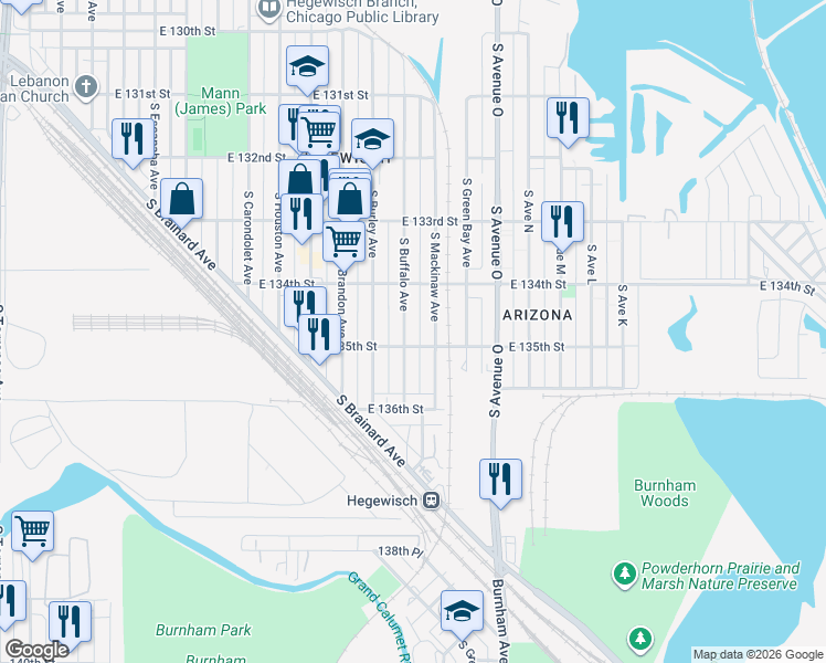 map of restaurants, bars, coffee shops, grocery stores, and more near 13447 South Buffalo Avenue in Chicago