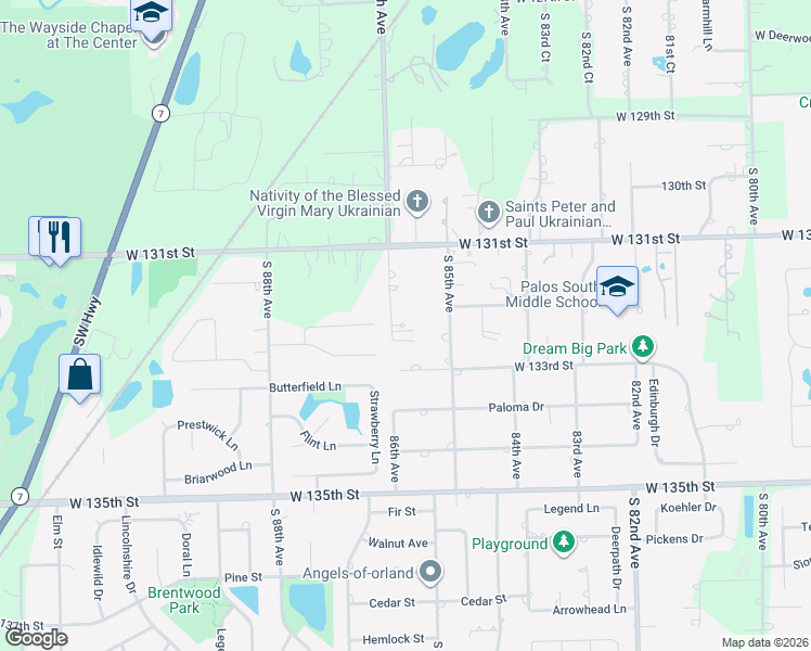 map of restaurants, bars, coffee shops, grocery stores, and more near 13215 South 86th Avenue in Palos Park