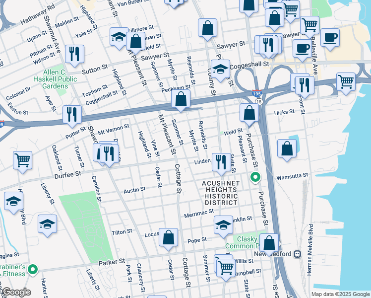 map of restaurants, bars, coffee shops, grocery stores, and more near 446 Summer Street in New Bedford