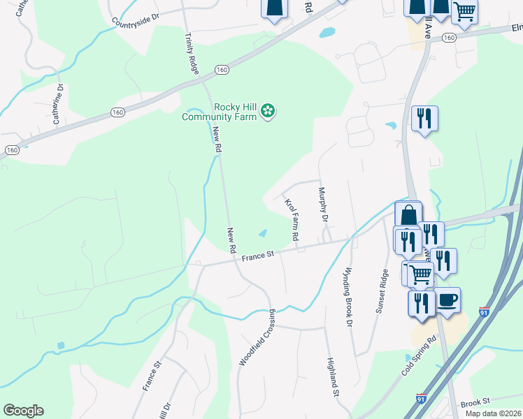 map of restaurants, bars, coffee shops, grocery stores, and more near 1L Krol Farm Road in Rocky Hill