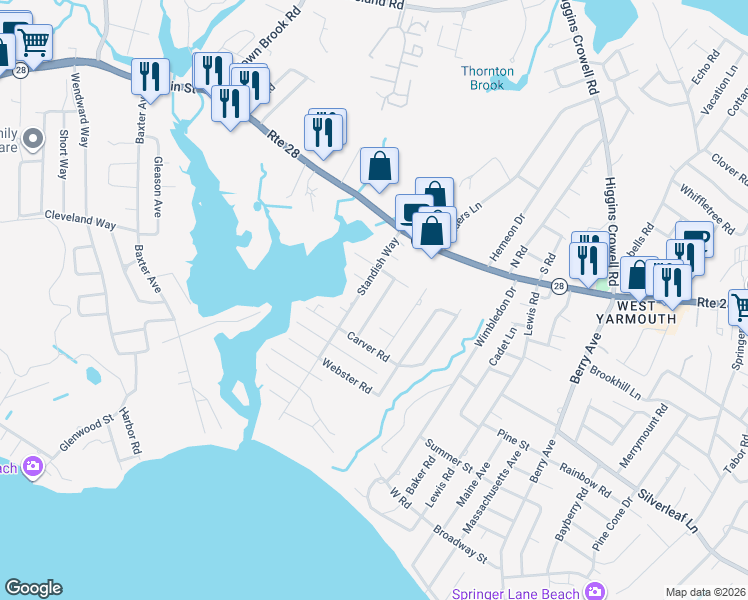 map of restaurants, bars, coffee shops, grocery stores, and more near 17 Mayflower Road in Yarmouth