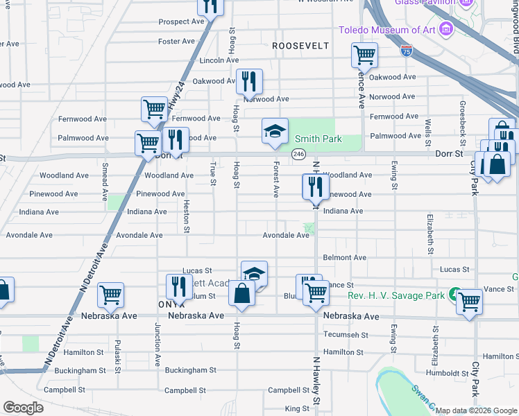 map of restaurants, bars, coffee shops, grocery stores, and more near 1128 Indiana Avenue in Toledo