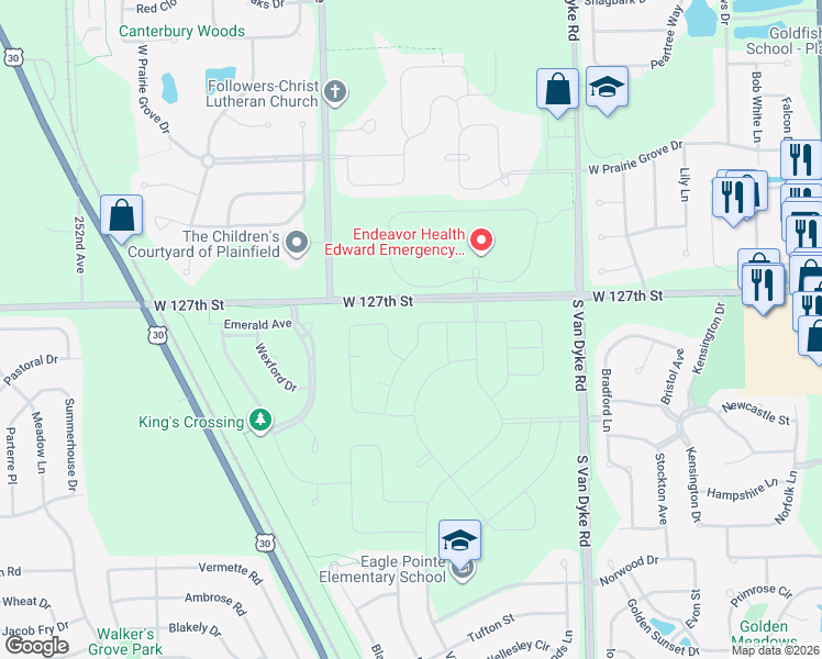 map of restaurants, bars, coffee shops, grocery stores, and more near 24638 West Alexis Lane in Plainfield