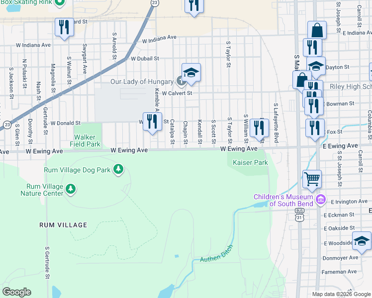 map of restaurants, bars, coffee shops, grocery stores, and more near 799 West Ewing Avenue in South Bend