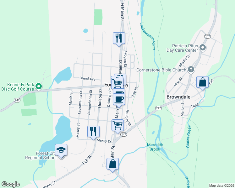 map of restaurants, bars, coffee shops, grocery stores, and more near 415 Main Street in Forest City