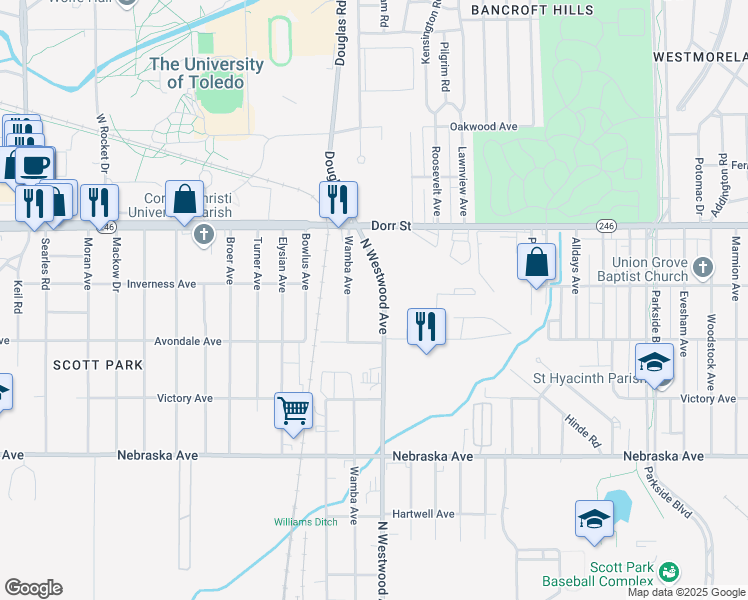 map of restaurants, bars, coffee shops, grocery stores, and more near 1015 North Westwood Avenue in Toledo