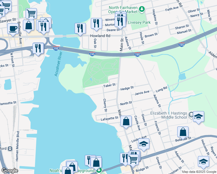 map of restaurants, bars, coffee shops, grocery stores, and more near 35 Taber Street in Fairhaven