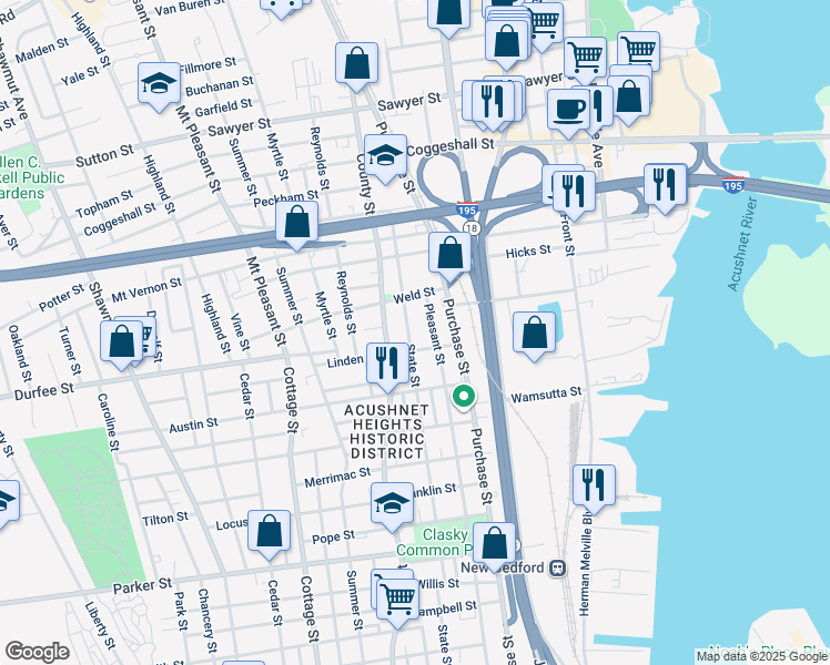 map of restaurants, bars, coffee shops, grocery stores, and more near 220 State Street in New Bedford